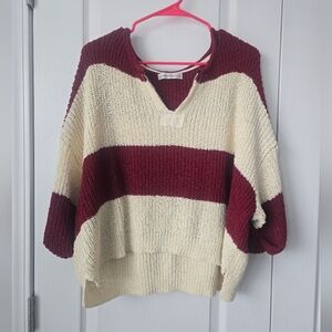 Zenana Lightweight Cream and Burgundy Striped V-Neck Sweater NWOT sz L/xl
